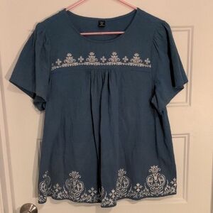 SHEIN Curve Blue Boho Embroidered Flutter Sleeve Blouse 0XL